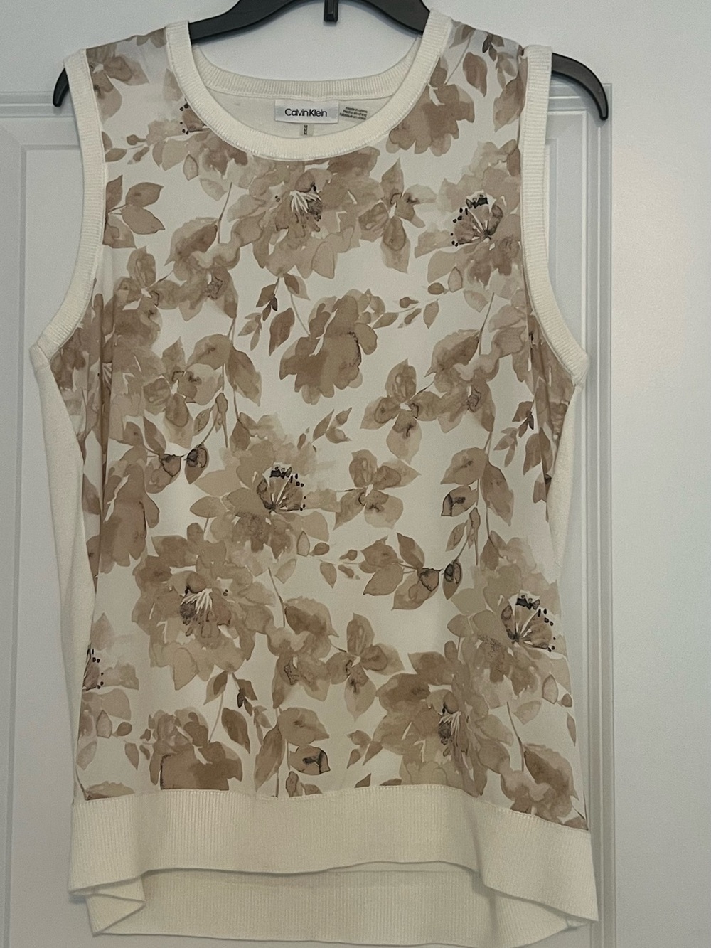 Calvin Klein Floral Print Sleeveless Knit Tank - Cream & Beige